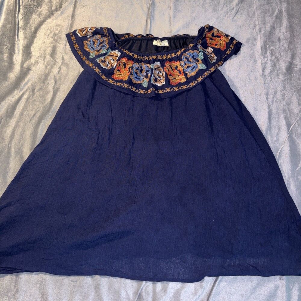 Etwo Floral Embroidery Off The Shoulder  Mini Tunic Dress Womens Size Small Blue